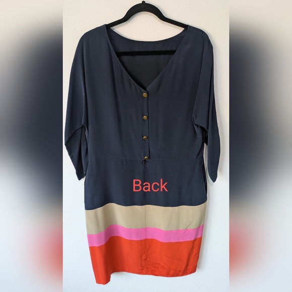 Eliza J NEW  100 % Silk Colorblock Crepe De Chine Navy Dress Belt Sz10 Knee Leng - Picture 3 of 13